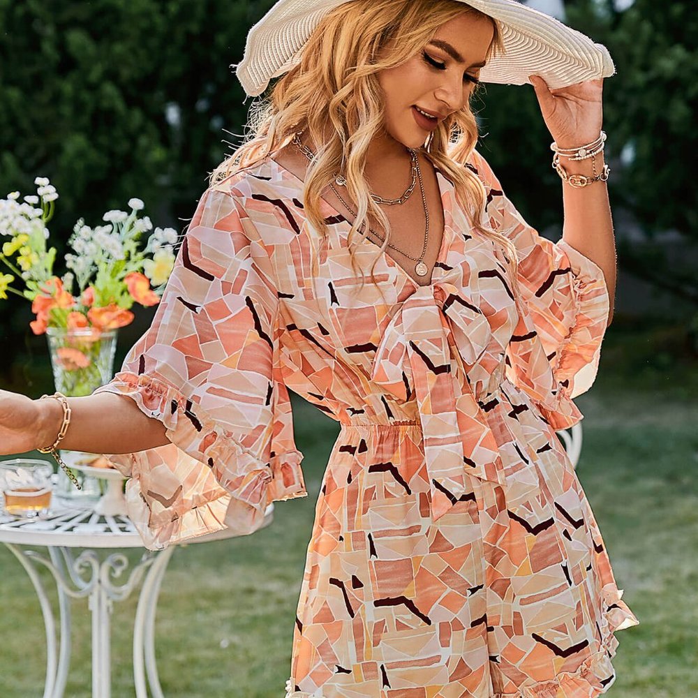 Simplee Geometric Print Bow Detail Ruffle Sleeve Romper